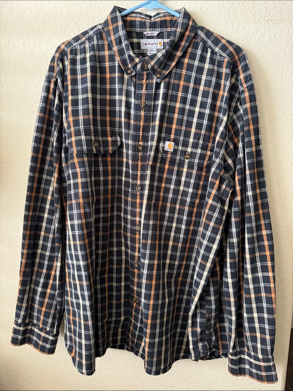 Carhartt Men's Relaxed Fit Black & Orange Plaid Button-Down Shirt 2XL
